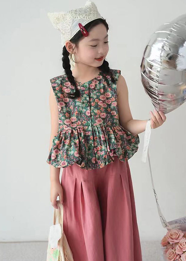 Casual O-Neck Print Kids Shirt And Crop Pants Two Pieces Set Summer SS1018