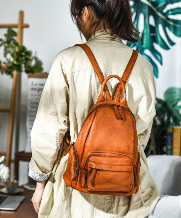Tote Leather Backpack Handbag Large Capacity Orange Casual