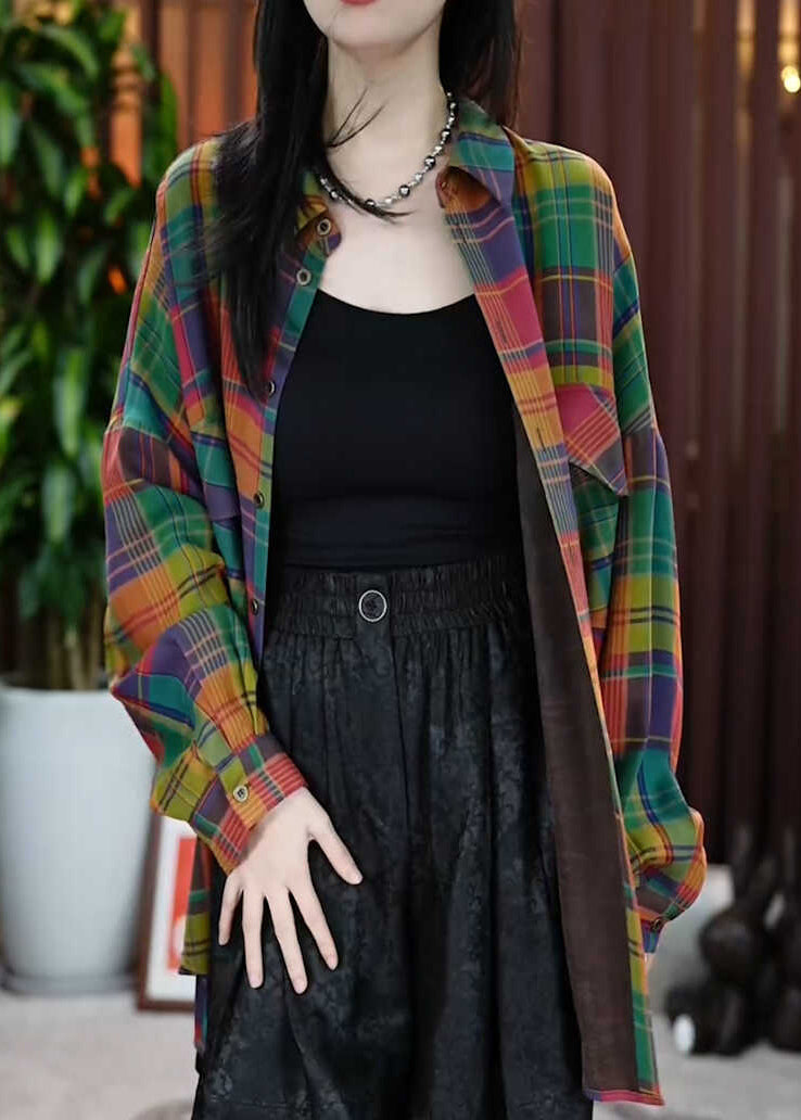 Casual Peter Pan Collar Pockets Plaid Cotton Shirts Coats Fall QL056