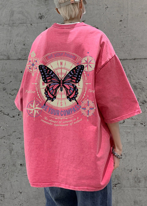 T Men Print Casual Shirt Butterfly Pink Half Oversized Cotton