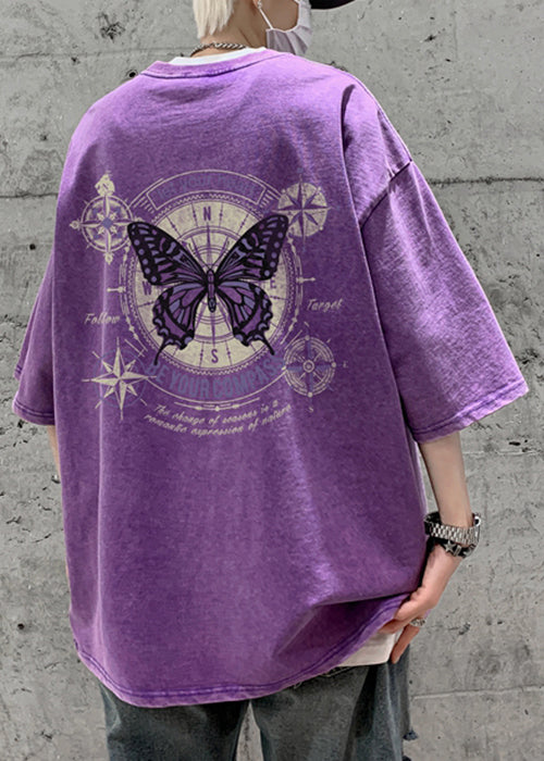 T Men Print Casual Shirt Butterfly Pink Half Oversized Cotton