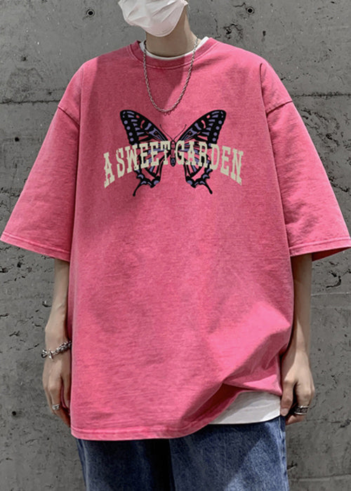 T Men Print Casual Shirt Butterfly Pink Half Oversized Cotton
