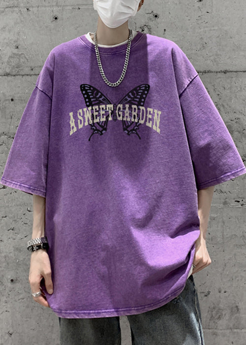 T Men Print Casual Shirt Butterfly Pink Half Oversized Cotton