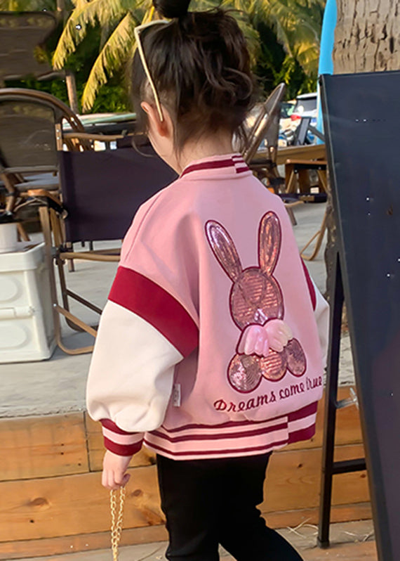 Casual Pink O-Neck Patchwork Kids Coat Fall QV033