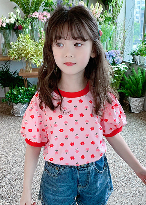 Casual Pink O Neck Print Cotton Kids Girls T Shirt Summer YU1048