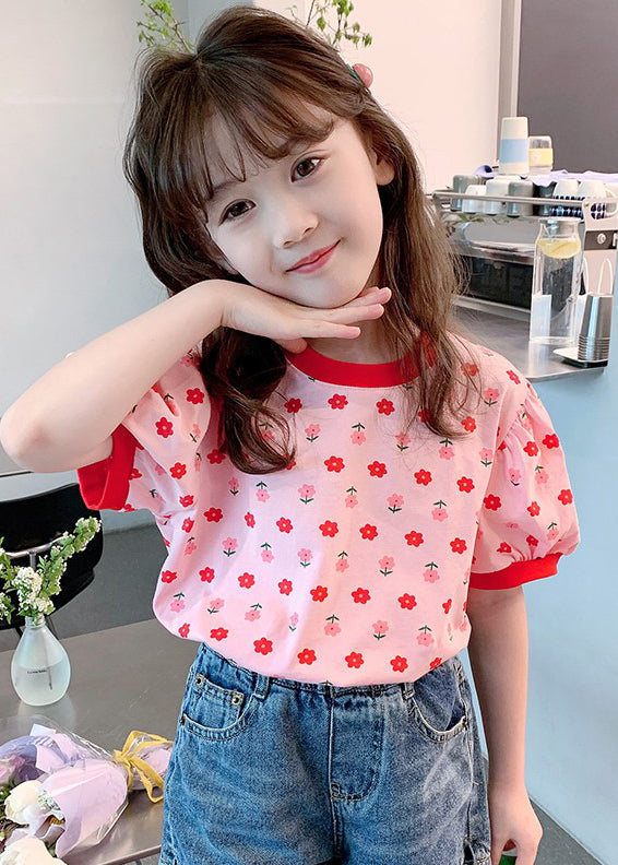 Casual Pink O Neck Print Cotton Kids Girls T Shirt Summer YU1048