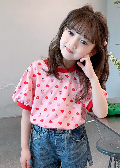 Casual Pink O Neck Print Cotton Kids Girls T Shirt Summer YU1048