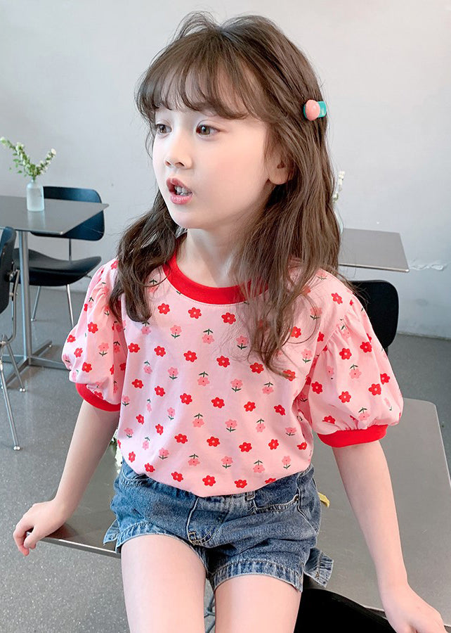 Casual Pink O Neck Print Cotton Kids Girls T Shirt Summer YU1048