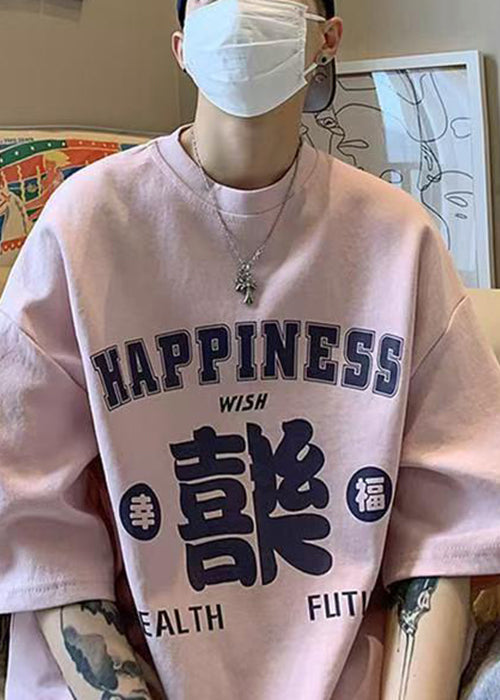 Half Casual Pink Cotton Neck O Print T Sleeve Shirts Men