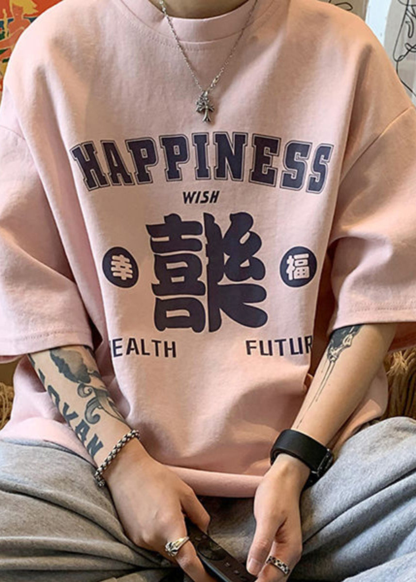 Half Casual Pink Cotton Neck O Print T Sleeve Shirts Men