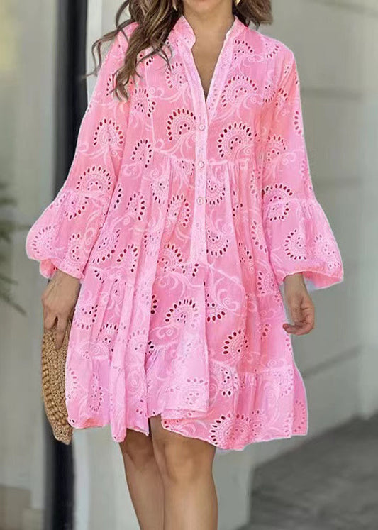 Summer Casual Sun Hollow Oversized Out Pink Cotton Dress