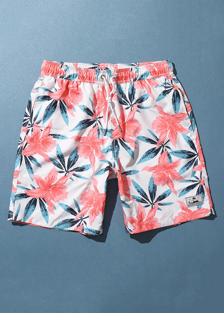 Casual Shorts Summer Pockets Print Cotton Waist Elastic Mens Pink