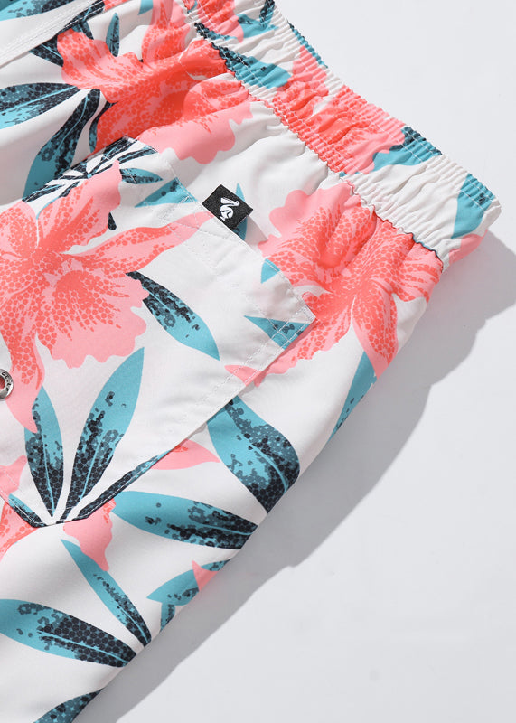 Casual Shorts Summer Pockets Print Cotton Waist Elastic Mens Pink