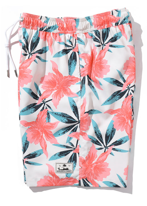 Casual Shorts Summer Pockets Print Cotton Waist Elastic Mens Pink