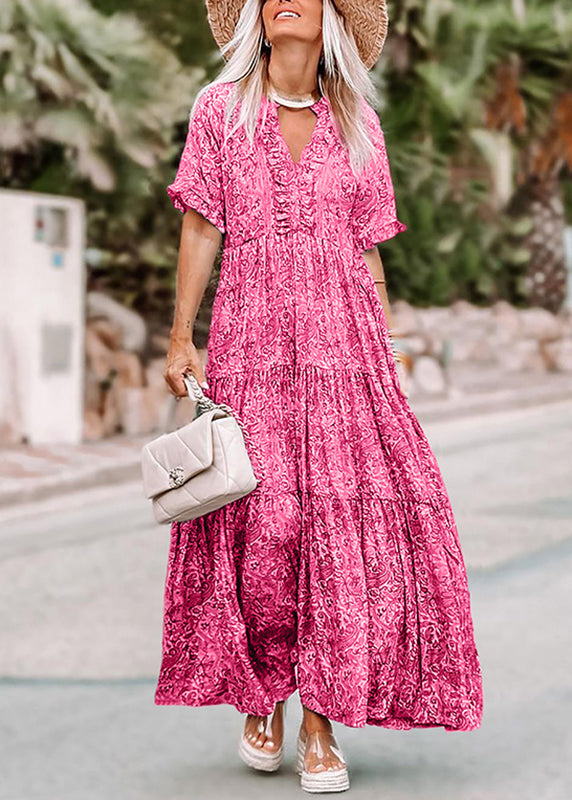 Summer Pink V Neck Long Casual Print Dresses