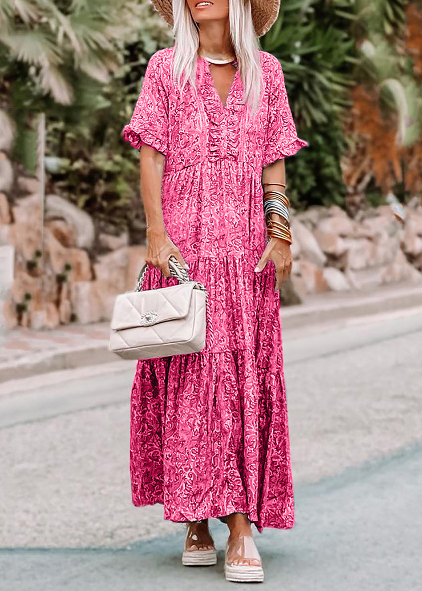 Summer Pink V Neck Long Casual Print Dresses