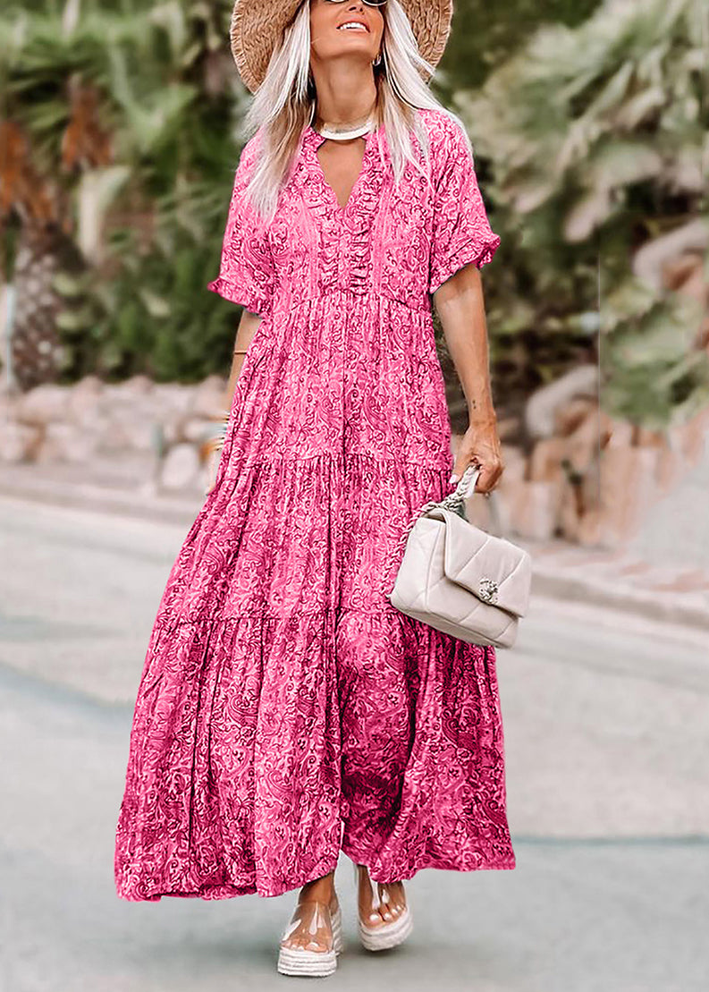 Summer Pink V Neck Long Casual Print Dresses