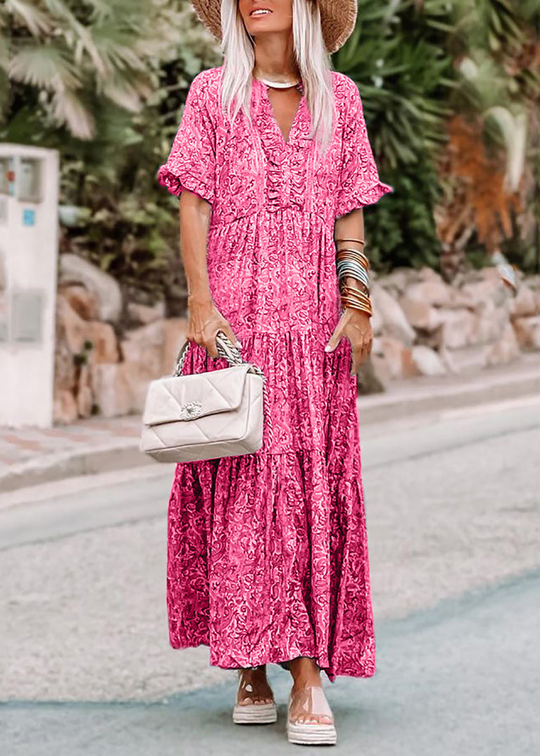 Summer Pink V Neck Long Casual Print Dresses