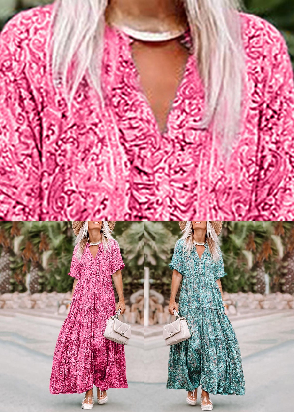 Summer Pink V Neck Long Casual Print Dresses