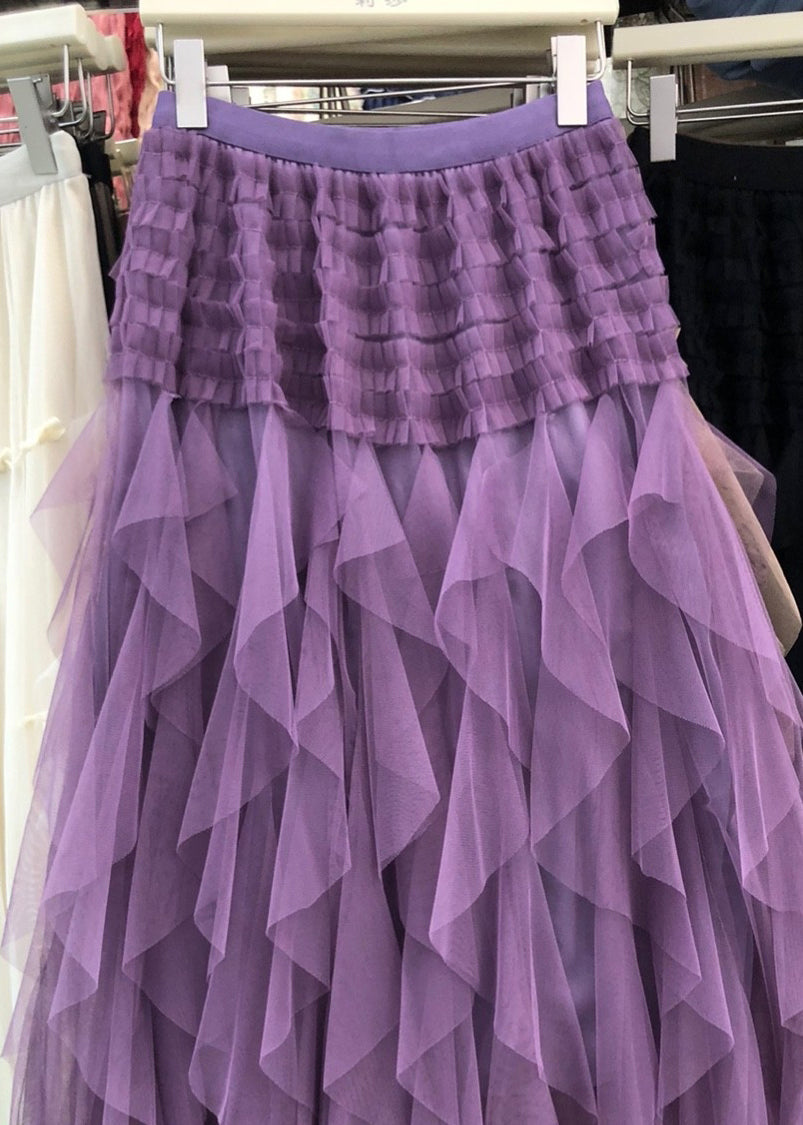 Casual Elastic Tulle Patchwork A Purple Waist Asymmetrical Line