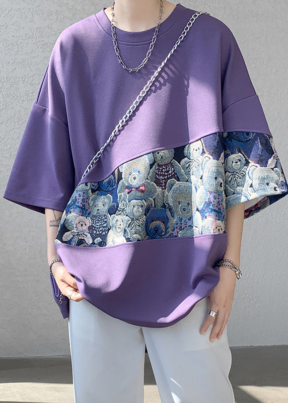 Neck Men T Cotton Shirt Purple O Patchwork Casual Summer