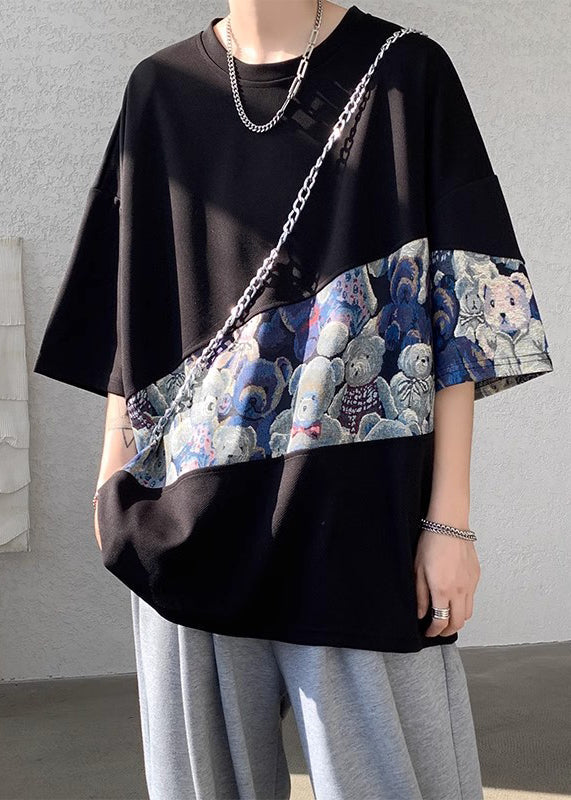 Neck Men T Cotton Shirt Purple O Patchwork Casual Summer