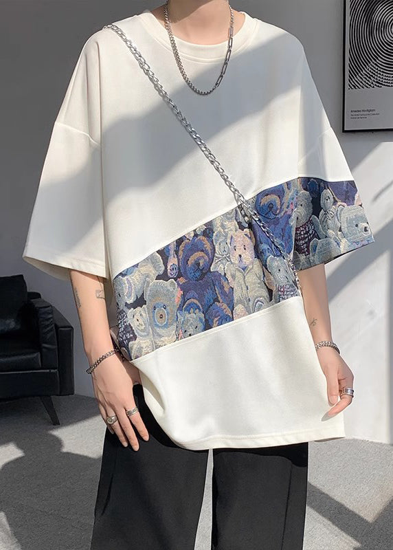 Neck Men T Cotton Shirt Purple O Patchwork Casual Summer