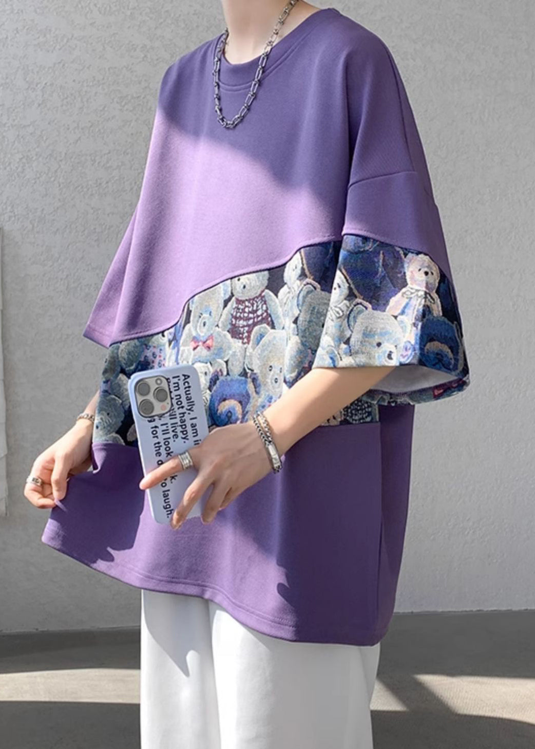 Neck Men T Cotton Shirt Purple O Patchwork Casual Summer