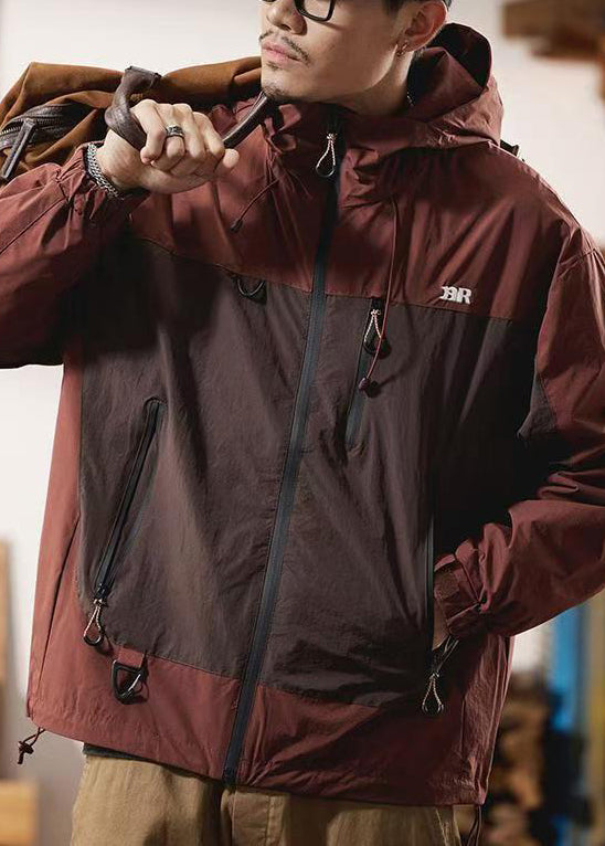 Zippered Spring Red Cotton Patchwork Coat Hooded Men Casual