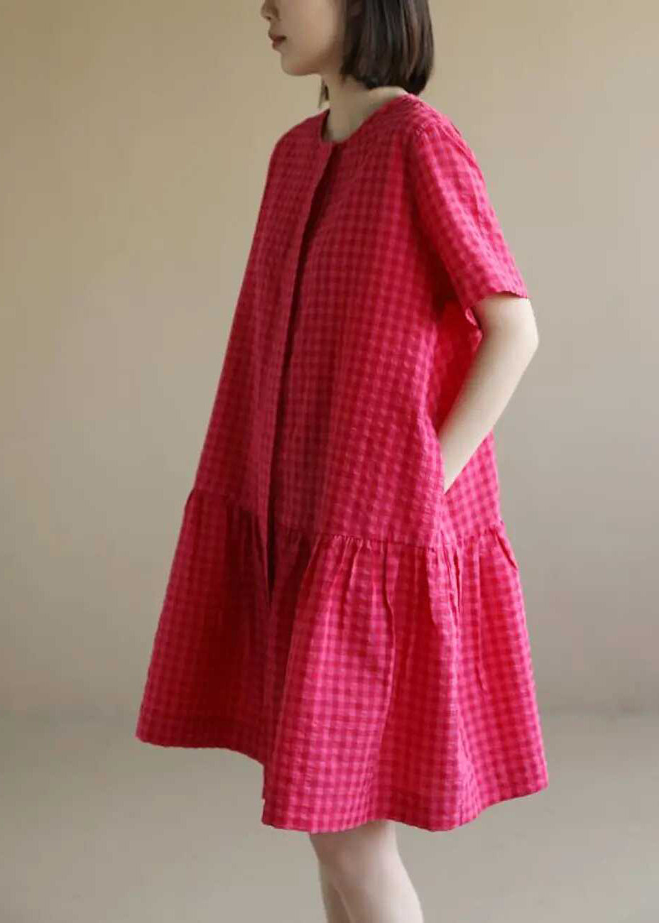 Summer Dresses Red O Neck Cotton Casual Mid Plaid
