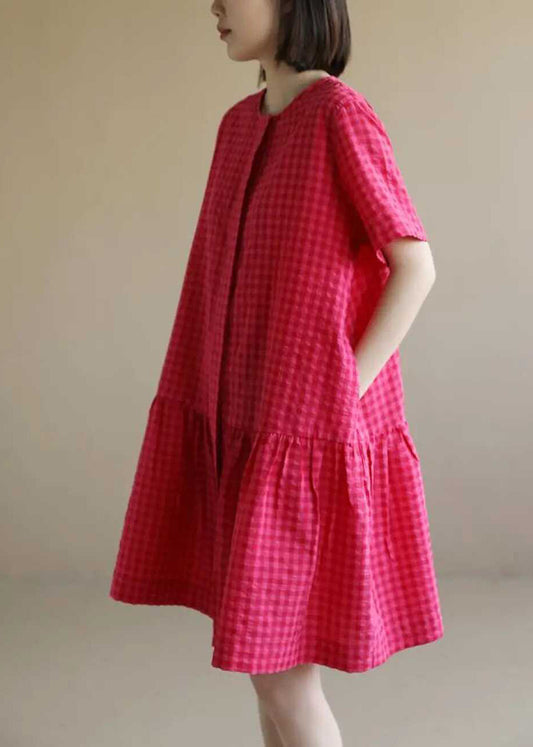 Summer Dresses Red O Neck Cotton Casual Mid Plaid