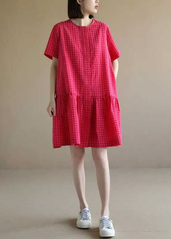 Summer Dresses Red O Neck Cotton Casual Mid Plaid