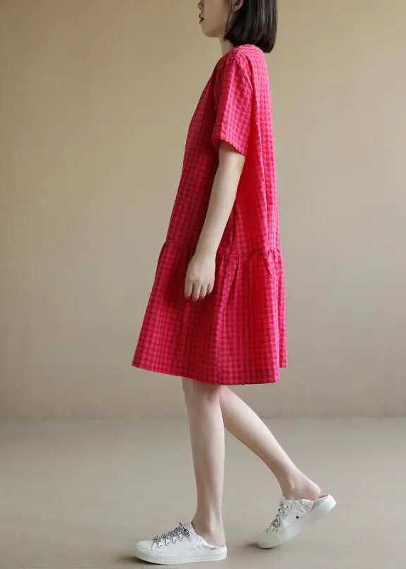 Summer Dresses Red O Neck Cotton Casual Mid Plaid