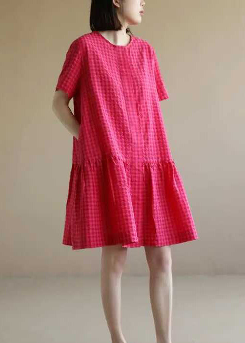 Summer Dresses Red O Neck Cotton Casual Mid Plaid