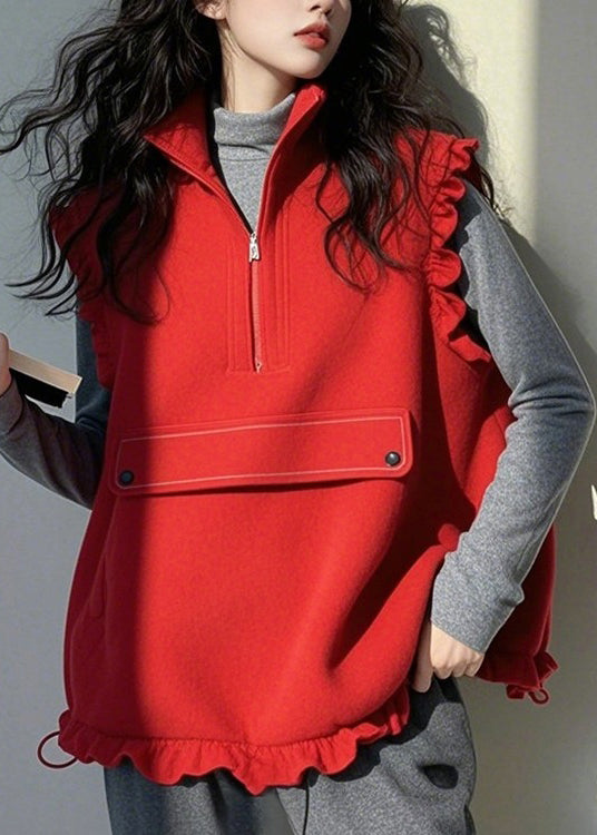 Casual Red Ruffled Zippered Patchwork Cotton Vest Top Sleeveless TN029