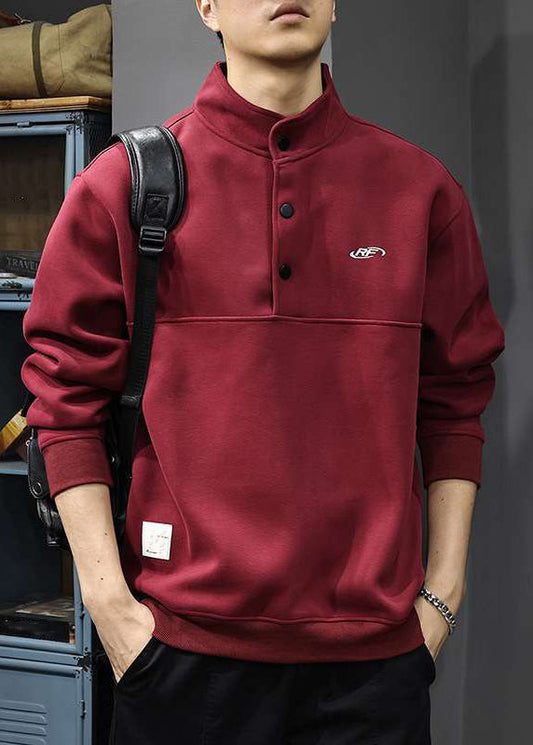 Casual Red Stand Collar Button Cotton Men Streetwear Spring TC021