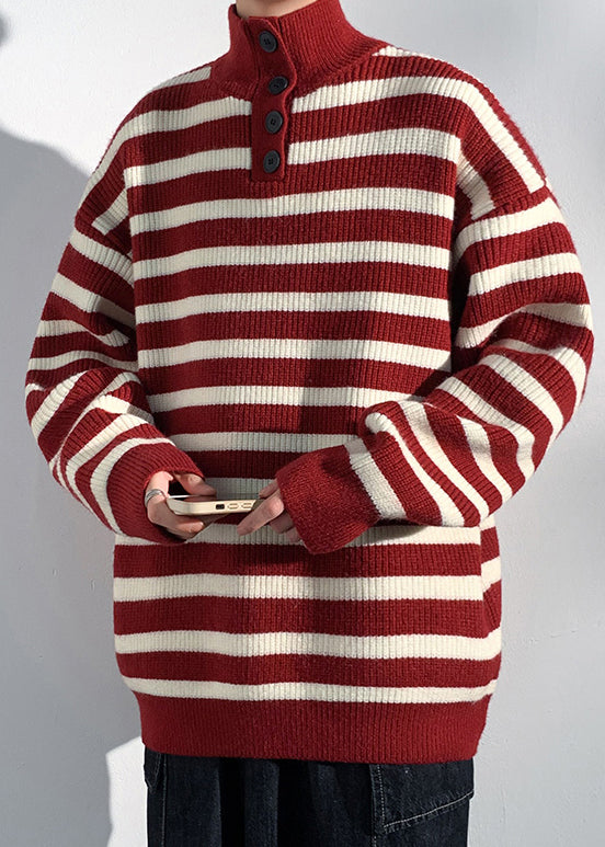 Casual Red Striped Button Knit Mens Sweaters Winter RJ044