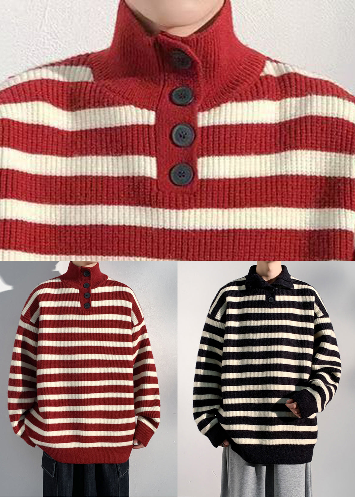 Casual Red Striped Button Knit Mens Sweaters Winter RJ044