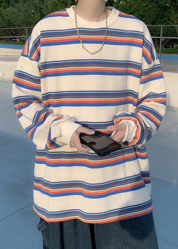 Casual Striped Men Shirt Spring Red O-Neck Cotton T