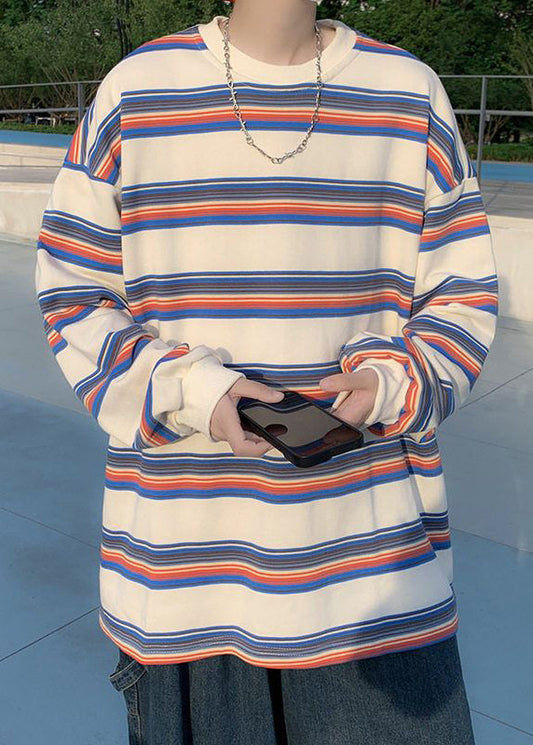 Casual Striped Men Shirt Spring Red O-Neck Cotton T