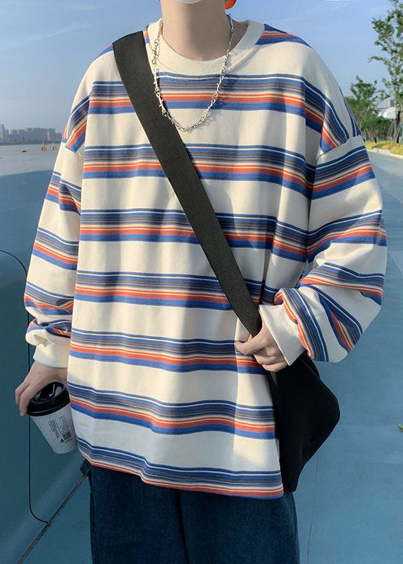 Casual Striped Men Shirt Spring Red O-Neck Cotton T