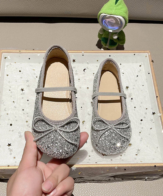 Flat Silvery Girls Up Bow Shoes Lace Casual