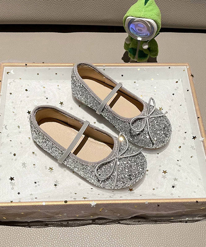 Flat Silvery Girls Up Bow Shoes Lace Casual