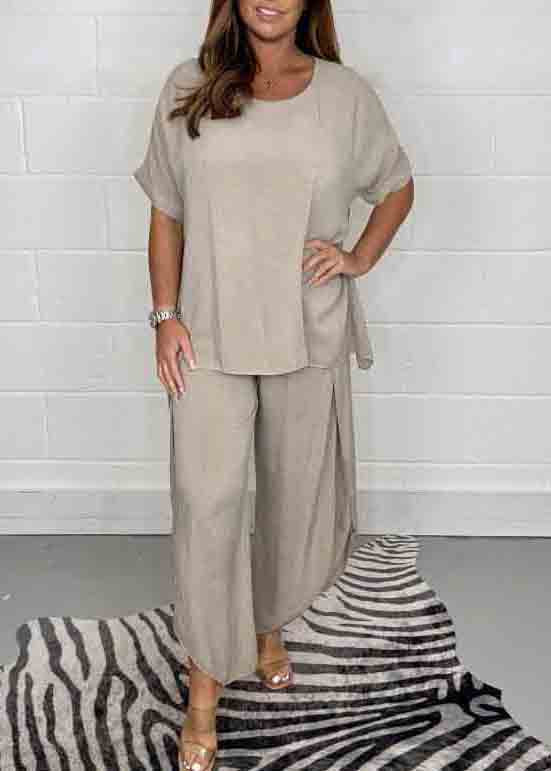 Casual Solid Open Oversized Side Color Pieces Two Set Linen