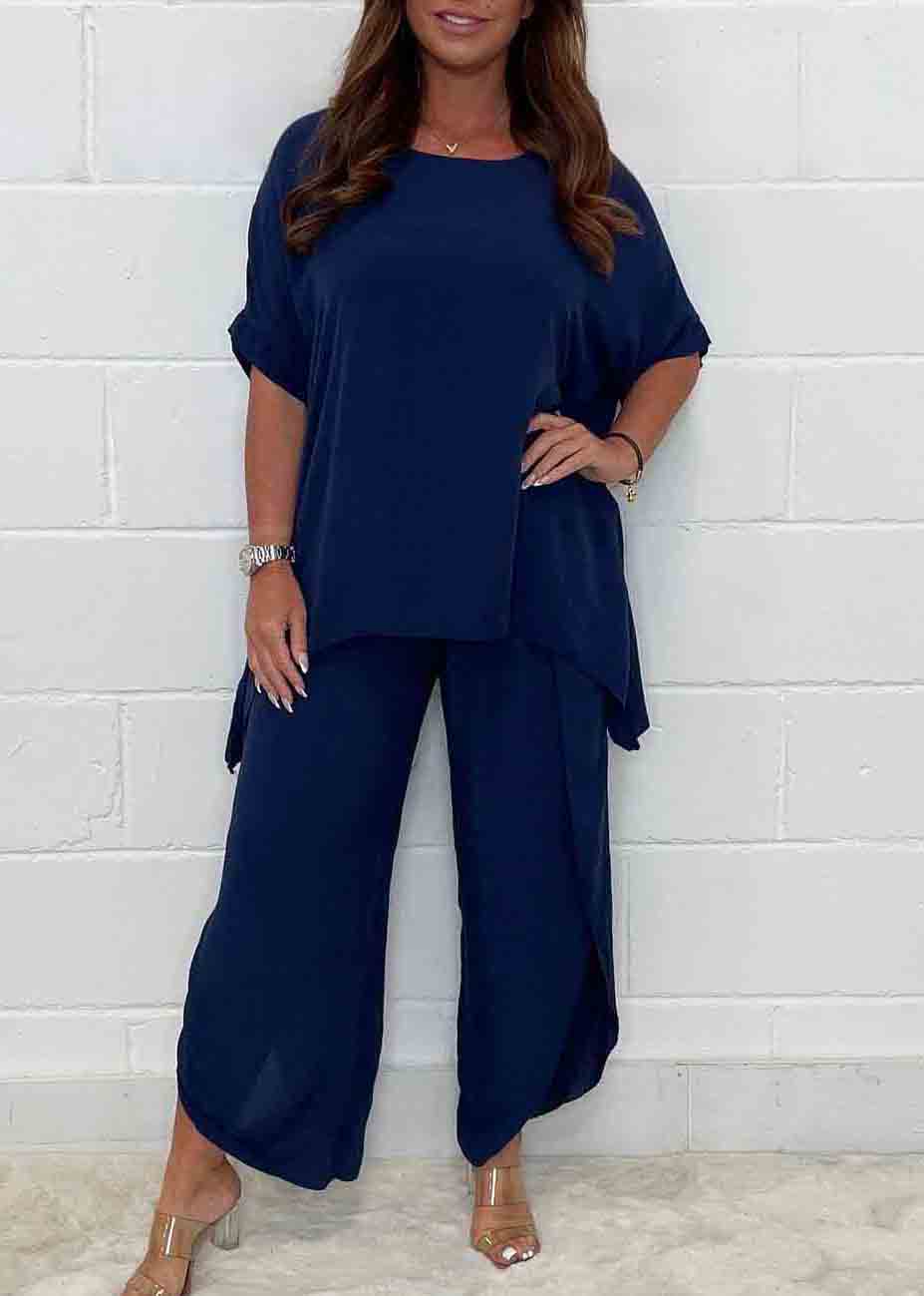 Casual Solid Open Oversized Side Color Pieces Two Set Linen