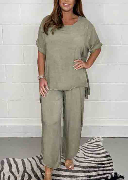 Casual Solid Open Oversized Side Color Pieces Two Set Linen