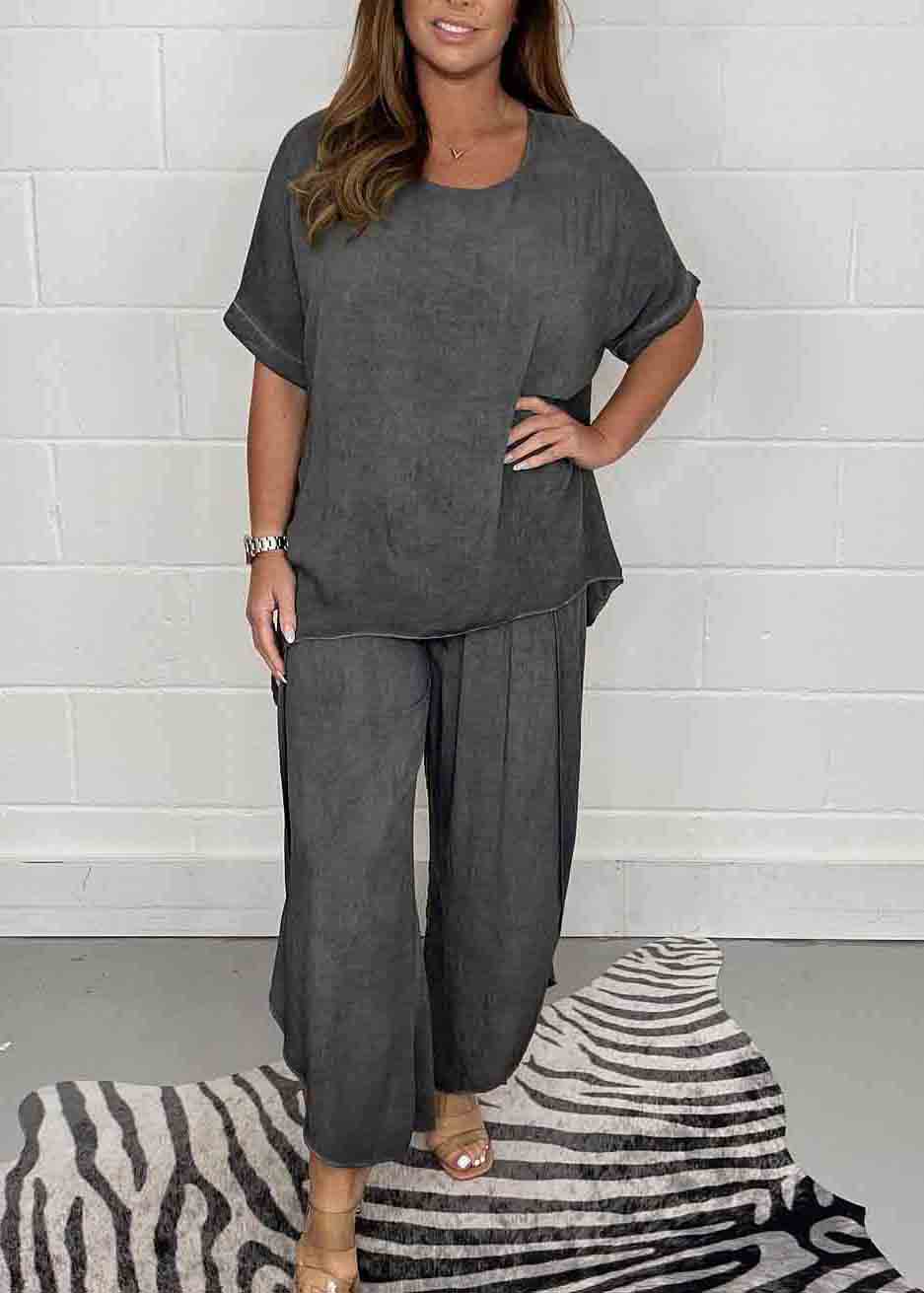 Casual Solid Open Oversized Side Color Pieces Two Set Linen