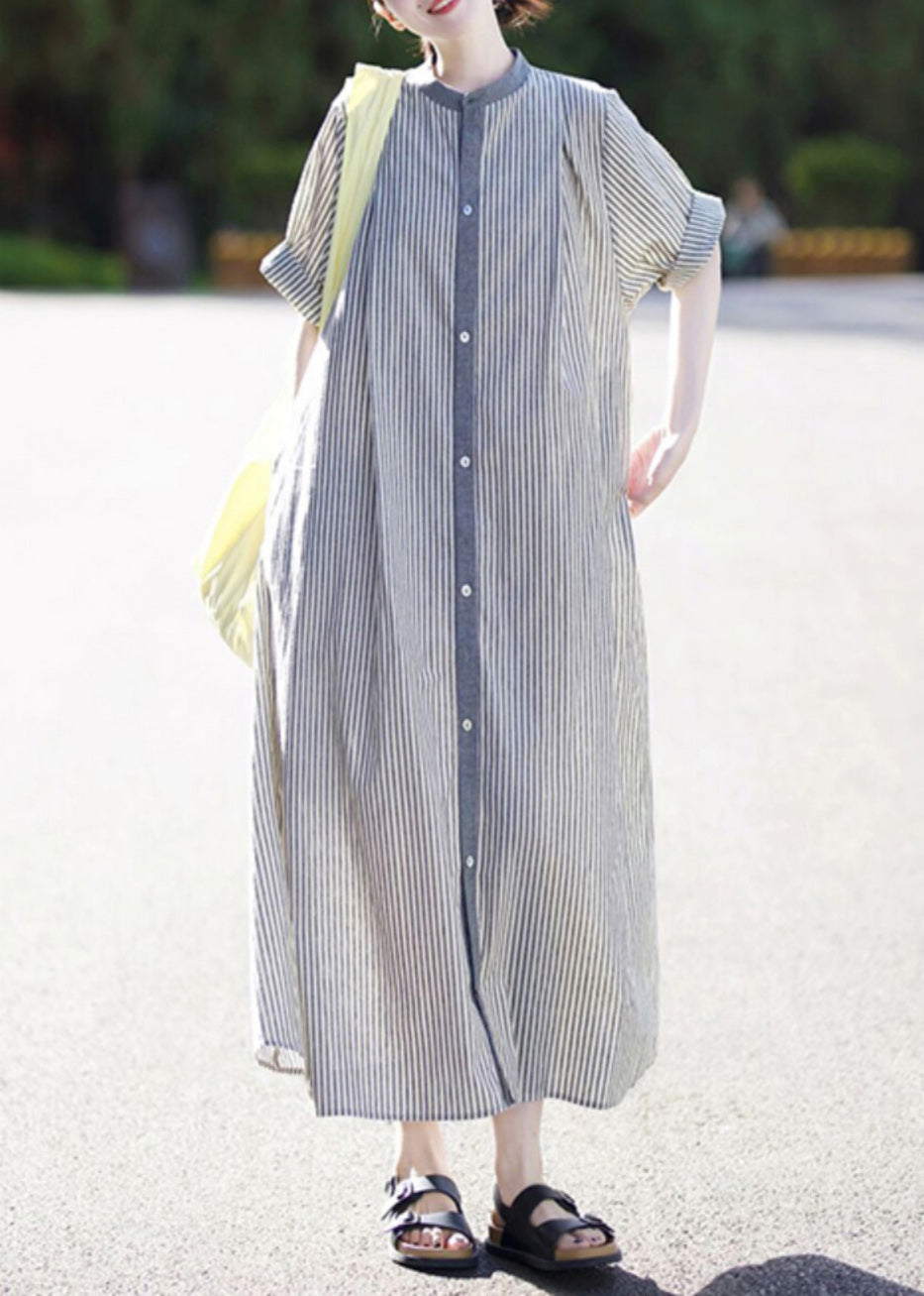 Cotton Summer Button Dress Collar Stand Shirts Striped Casual