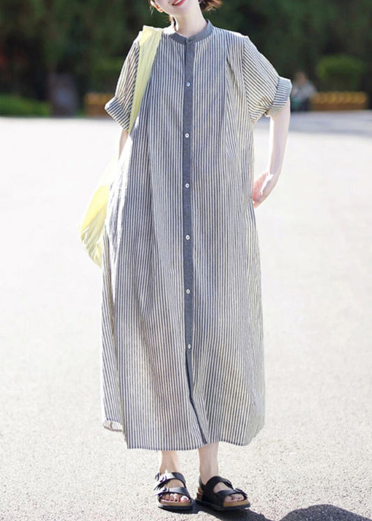 Cotton Summer Button Dress Collar Stand Shirts Striped Casual