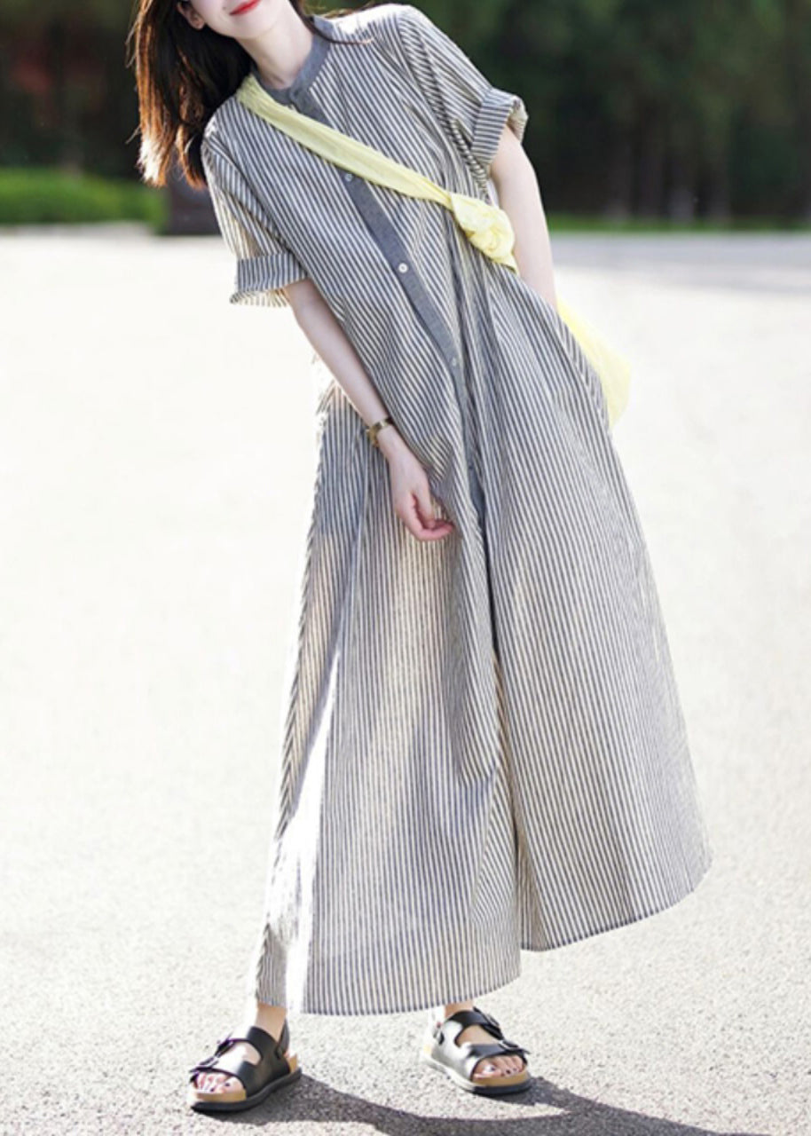 Cotton Summer Button Dress Collar Stand Shirts Striped Casual